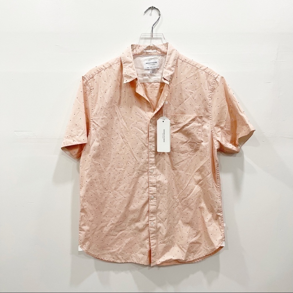 Denim & Flower Short Sleeve Casual Button Down Shirt Dotted Polka Dot Salmon L